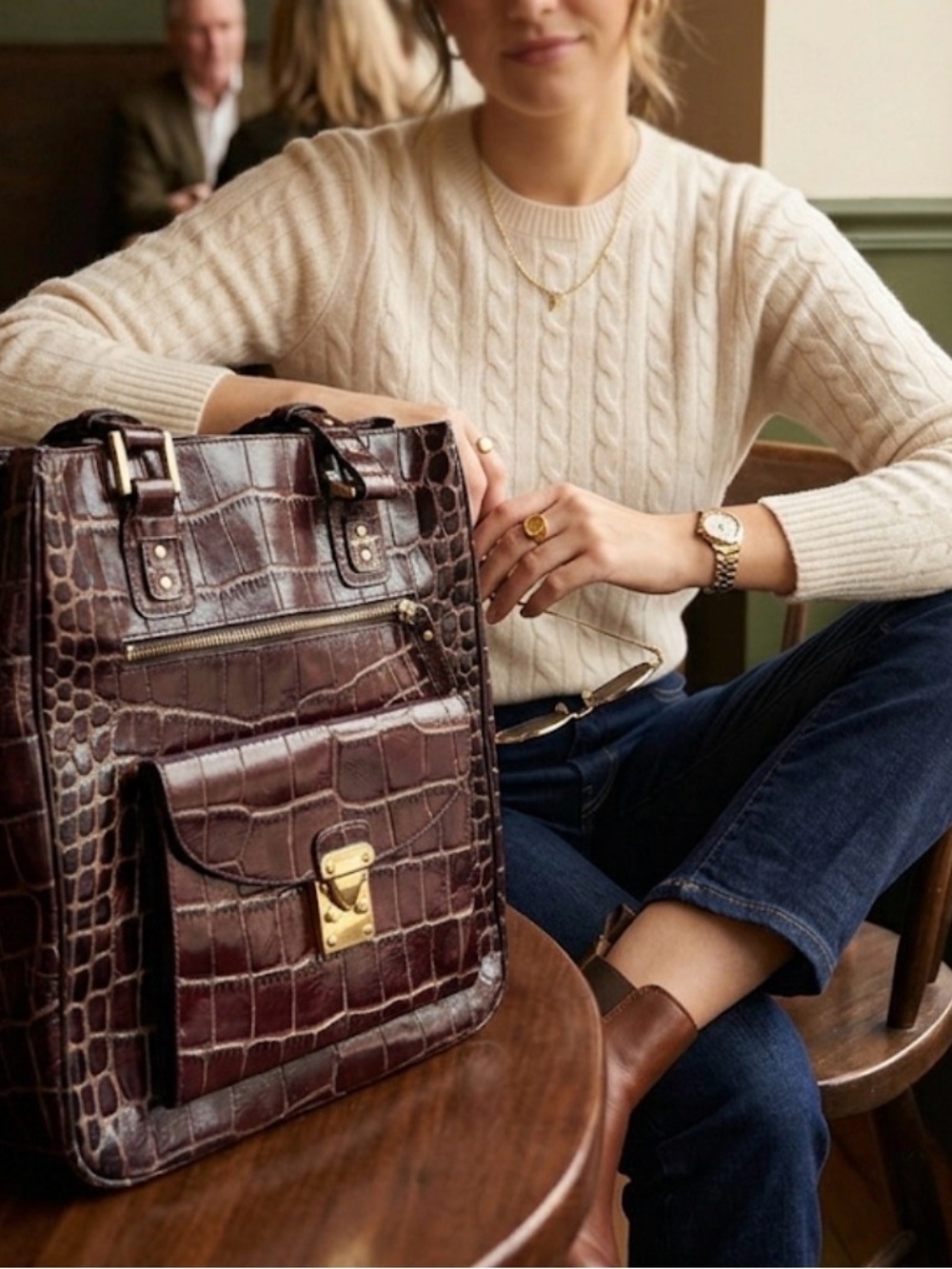 Vintage Nordstrom Structured Leather Tote | Brown Croc-Embossed Shoulder Bag